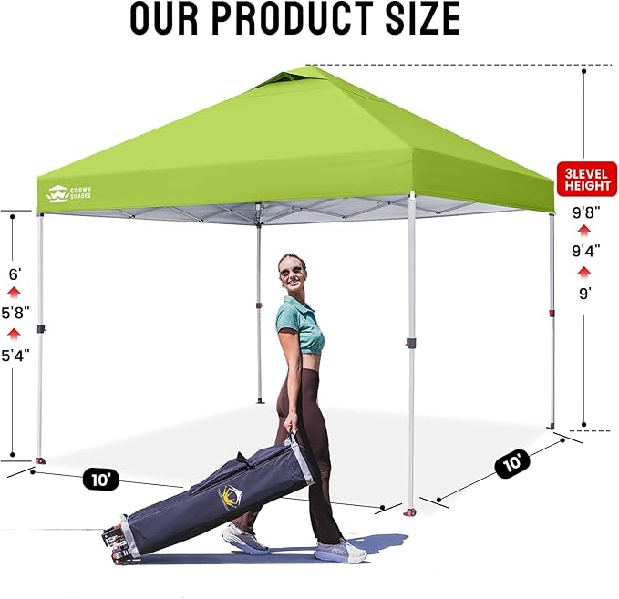 CROWN SHADES 10x10 Pop Up Canopy - Beach Tent with One Push Setup - Easy Outdoor Sun Shade for Events, Parties, Camping - Gazebo with STO-N-Go Cover Bag, Silver Coated Top, Green