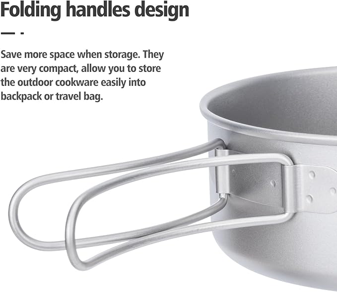 Boundless Voyage Titanium Pots Pans Set Camping Cookware 500ml 600ml 700ml Bowls Outdoor Portable Lightweight Stackable Cooking Kit with Folding Handle 3 Pieces Set Tableware for 1-3 Person Ti2032C