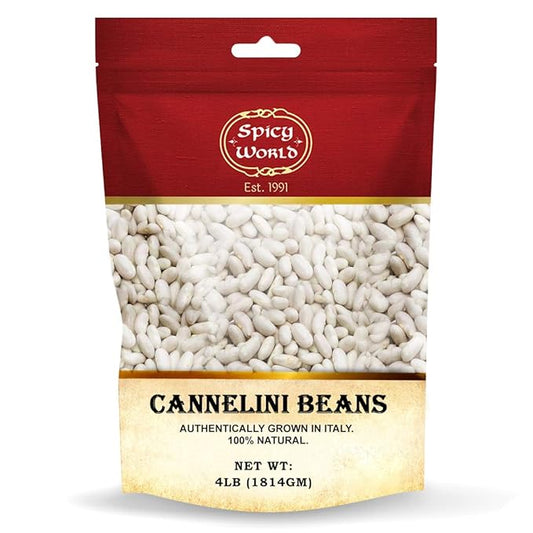 Spicy World Cannelini Beans 4 LB - From Italy - Dried White Medium Sized Kidney Beans (Cannellini)