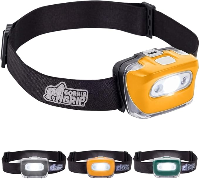 GORILLA GRIP Ultra Bright High Lumens LED Head Lamp, 7 Light Modes Water Resistant IPX4 Headlamp, Adjustable Headband, Battery Powered Outdoor Running, Camping Forehead Flashlight Lamps, 1 Pack Orange