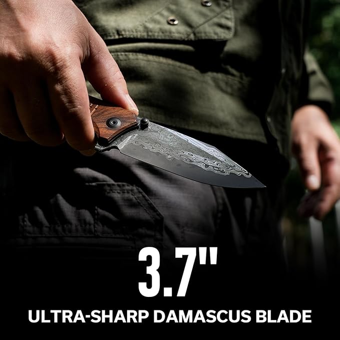 CIVIVI Tacticorix Pocket Knife for Men Women, EDC Flipper Folding Knife with 3.7" Damascus Blade Wood Handle for Camping Hunting C23055-DS1 (Wood)
