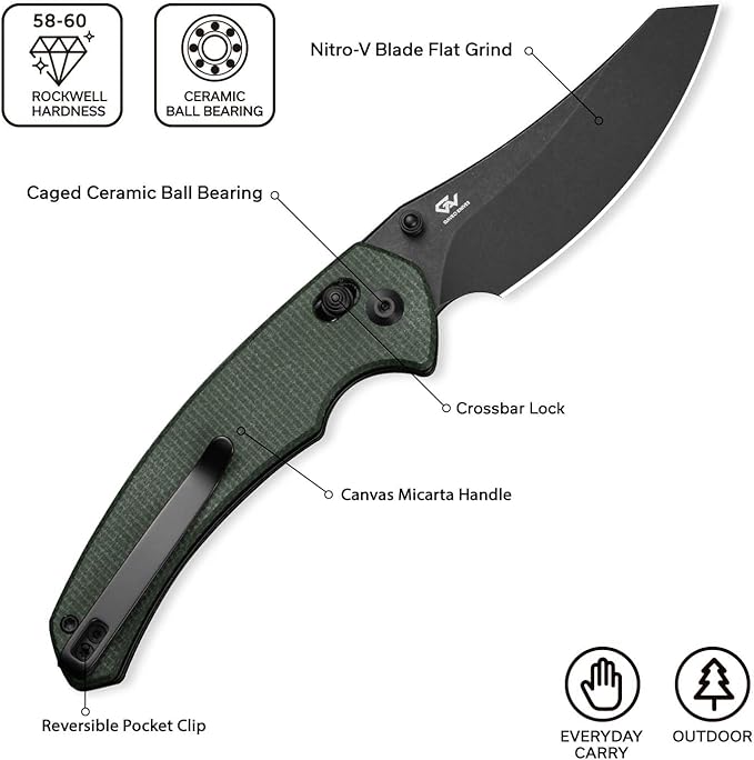 CIVIVI Sixgill Folding Pocket Knife for EDC, 3.41'' Nitro-V Blade Micarta Handle, Deep Carry Reversible Clip, Gift for Men Women C24050-3 (Green)