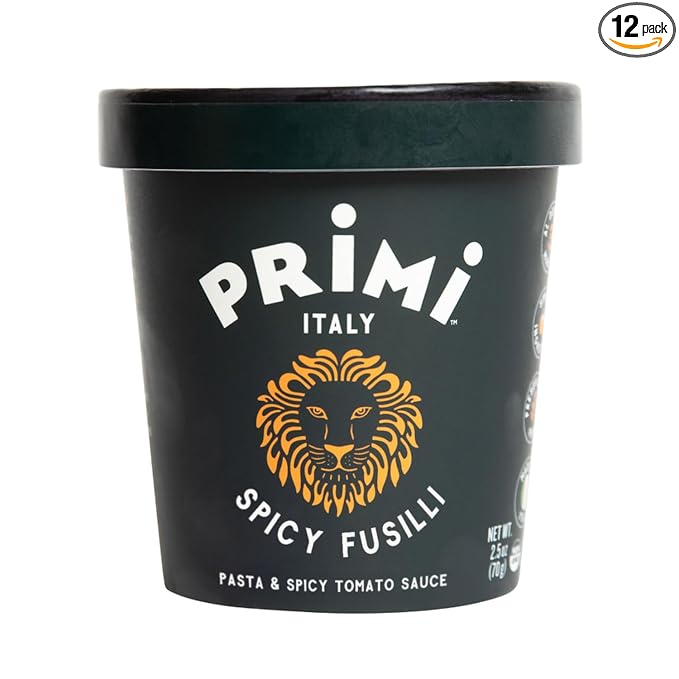 Primi Pasta Cup, 12-Pack, Made In Italy, Non-GMO, Just Add Water, Microwavable, Ready in 3 Minutes (12 Pack, Fusilla With Spicy Marinara)