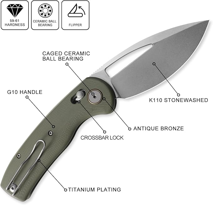 Petrified fish PFP13 Viper Folding Knife,3.5" K110 Steel Stonewashed Blade G10 Handle Pocket Knife for Camping EDC Outdoor (Green Stonewashed)