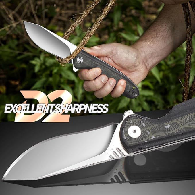 ioko Folding knife D2 blade material, G10 two-color handle, suitable for men and women outdoor camping carrying knife, sharp and durable blade, with pocket clip (argent)