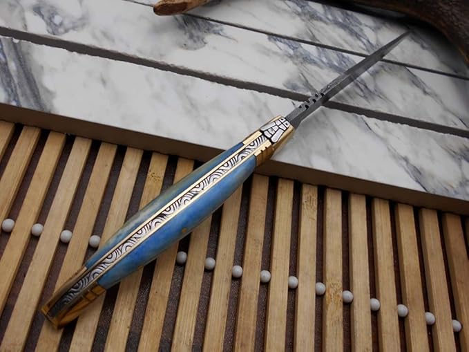 Laguiole Folding Damascus Steel Knife, 8.5" Long with 4" Hand Forged Twist patren Blade. Rose Wood & Brass Bolster Scale. Cow Hide Leather Sheath Included (Brown)