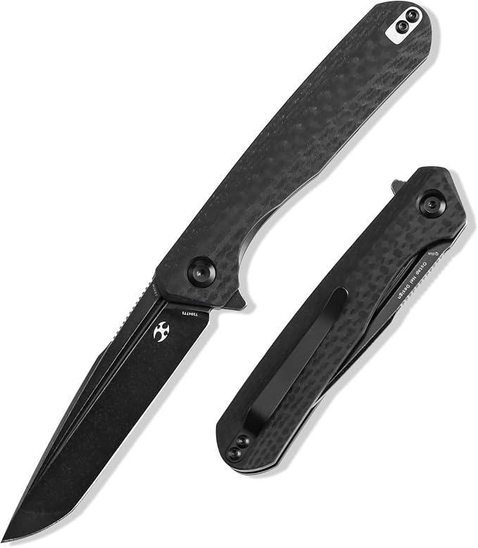KANSEPT Qilin Pocket Knife,3.24'' Blackwash 154CM Sharp Tanto Blade, Black Carbon Fiber & G10 Handle for Edc, Flipper and Liner Lock with Double-Sided Clip, Men Camping Survival Folding Knives T1047T1