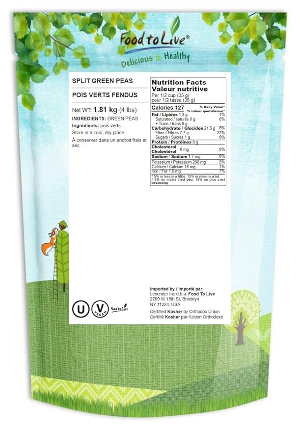 Food to Live - Green Split Peas, 4 Pounds - Dried, Vegan, Kosher, Bulk. Easy to Cook. Rich in Protein, Fiber, Essential Minerals
