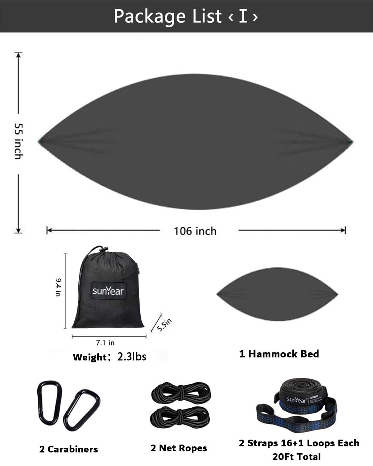 Sunyear Hammock Camping with Rain Fly Tarp and Net, Portable Camping Hammock Double Tree Hammock