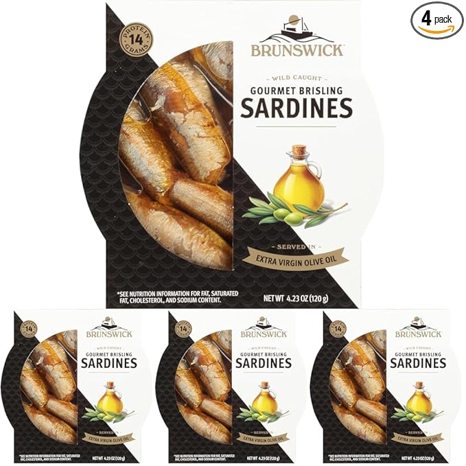 Brunswick Wild Caught Gourmet Brisling Sardines in Extra Virgin Olive Oil, 4.23 oz Can - Wild Caught Sardines - 14g Protein per Serving - Gluten Free, Keto Friendly (Pack of 4)