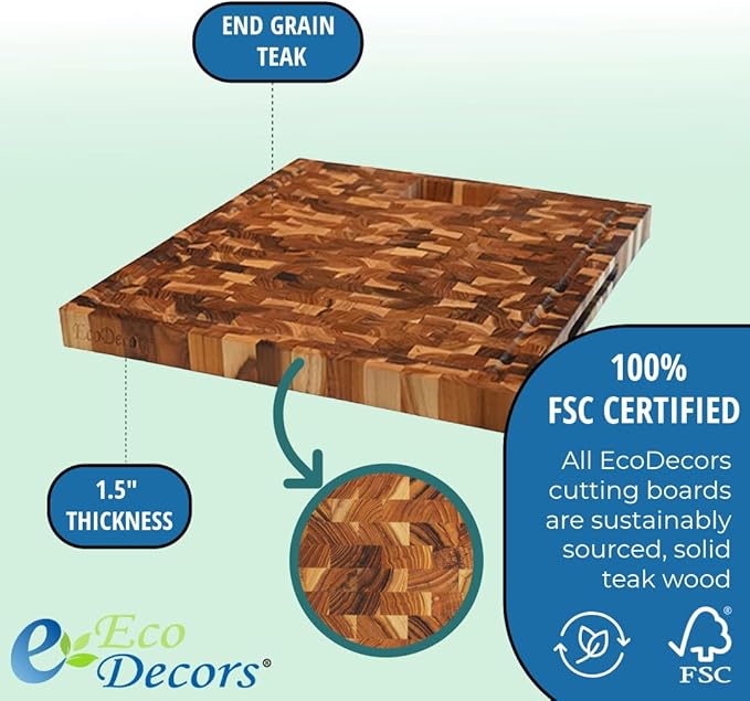 EcoDecors, Teak End Grain Cutting Board 17"x18", FSC Teakwood Butcher Block with Juice Groove, Waste Chute & Handles, Solid Wood Cutting Board for Kitchen, Carving & Stove-Top Prep