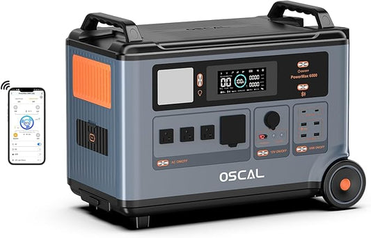 OSCAL PowerMax 6000 Solar Generator, 3600Wh LFP Battery Power Station, Expandable to 57.6kWh, 120/240V Split Phase Voltage 6000W AC Outlets (7200W Peak), 2200W/1.96H Fast Charging, Emergency for Home