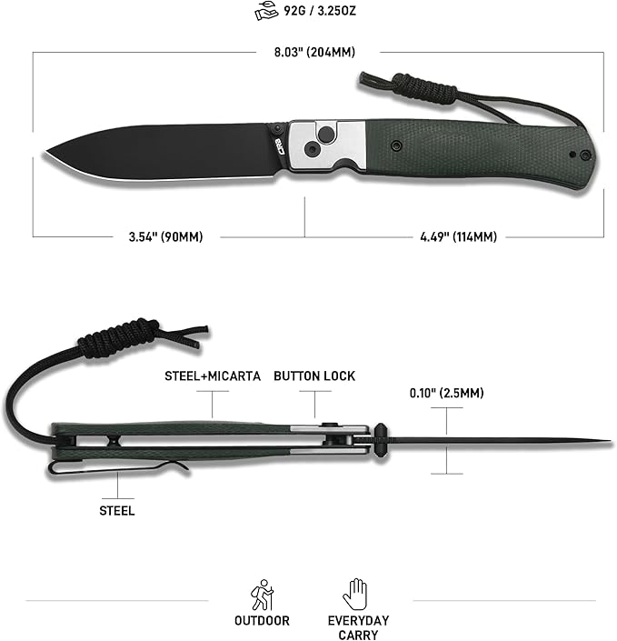 CJRB Glacier Pocket Knife, 3.54'' AR-RPM9 Steel Blade EDC Knife with Micarta Handle for Men Women Camping Hiking Survival(1961 Green)