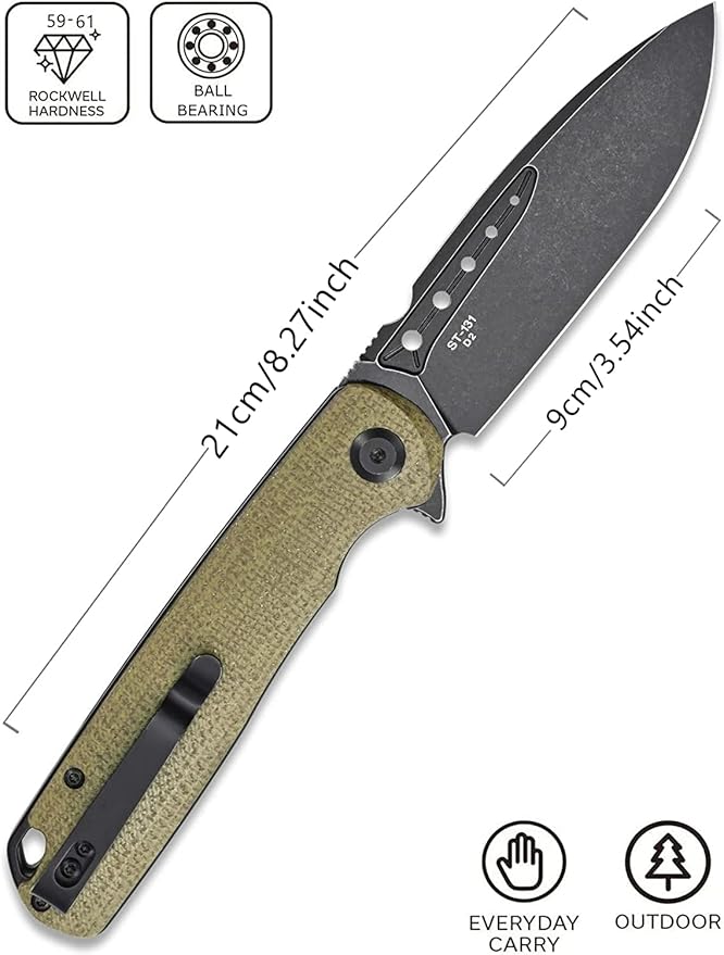 Sitivien ST131 Folding Knife,D2 Blade Micarta Handle EDC Tool Knife with Liner Lock for Outdoor Camping Hiking Fishing(Green)