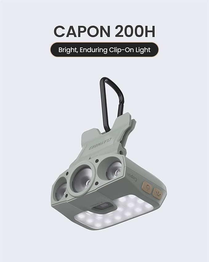 Claymore Capon 200H (Mint Gray) - LED Rechargeable Clip-On Cap Headlamp, Lightweight Hat Light for Camping, Running, Hiking, Emergency & Industrial Use, Waterproof, USB-C, 55 Hours of Battery Life.
