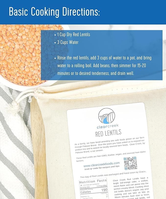 CLEAR CREEK Certified Glyphosate Residue Free Red Lentils | 1 LB | Non-GMO | Kosher | Vegan