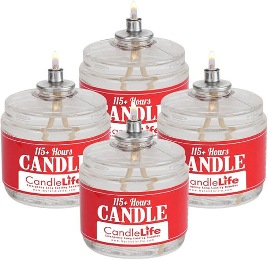 CandleLife Emergency Survival Candle (Set of 4) - 115 Hours Long Lasting Burning Time - Great Source of Light for Blackout, Camping, Fishing and Hunting - Smoke & Odor-Free | Clear Mist