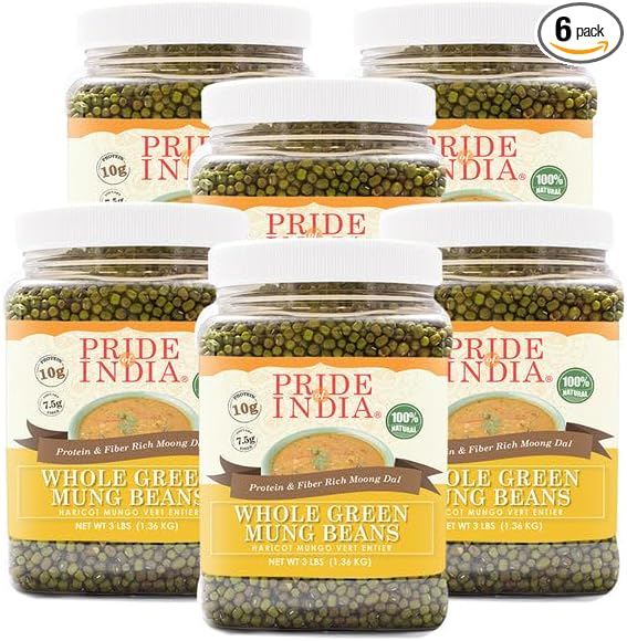 Pride Of India - PACK of 6 - Indian Whole Green Mung Gram - Protein & Fiber Rich Mung Bean Whole, 3 Pound Jar