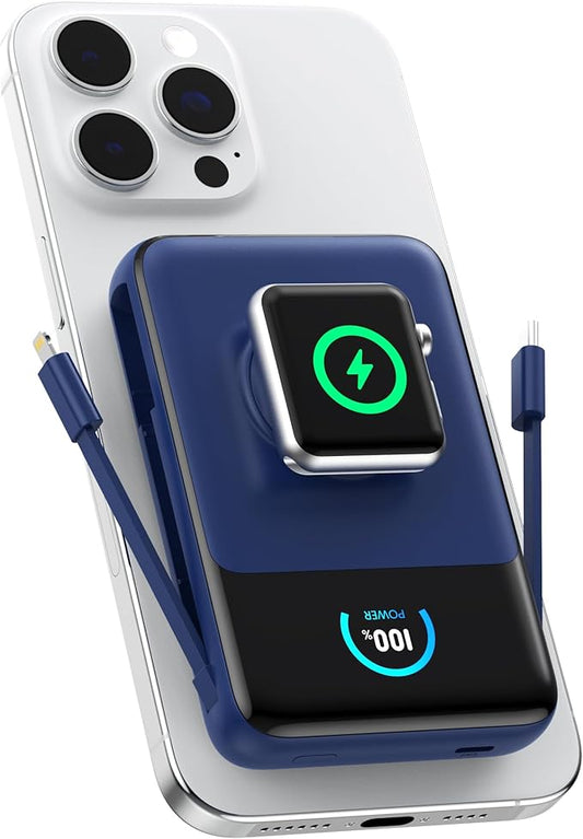 Magnetic Portable Charger 10800mAh with Built-in Cables,5-in-1 Qi2 Certified 15W Wireless Power Bank with iWatch Charger,30W PD Fast Charging USB-C Battery Pack for iPhone 17/16/15/14/13/12-Dark Blue