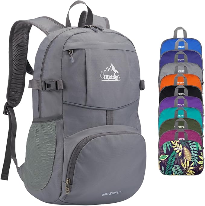 WATERFLY Hiking Foldable Daypack Backpack: 25L Ultra Lightweight Waterproof Day Pack for Woman Man - Small Compact Packable Folding Back Pack for Outdoor Sport Cycling Biking Travel Trip - Gray