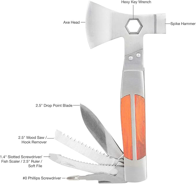 Sheffield 12301 Axe Multi Tool, 12-in-1 Camping Knives & Tools, Utility Tool Double Axe Head, Camping Tool, Stainless Steel Knife Multitool