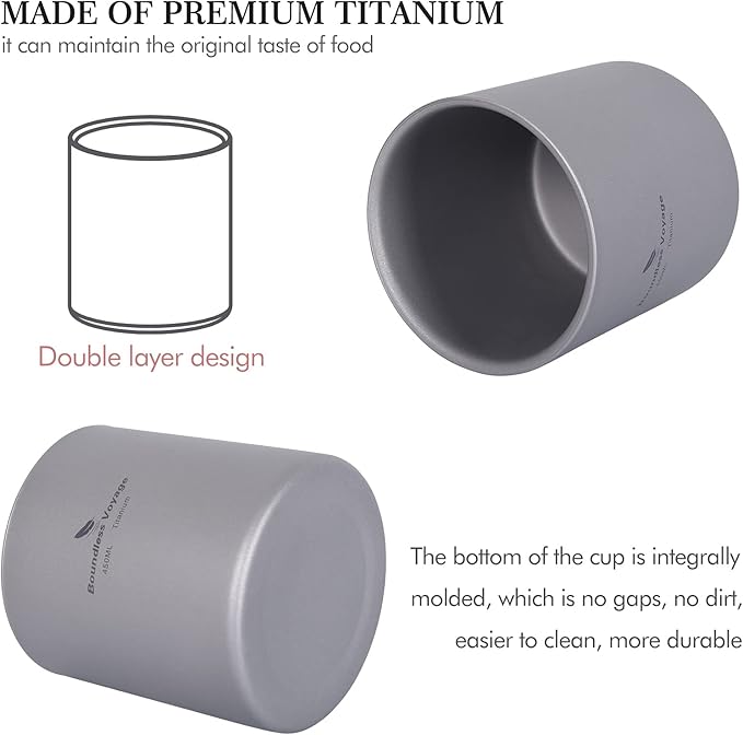 Boundless Voyage 3 in 1 Double Walled Titanium Cup Heat Resistant Mini Tea Drink Cup Outdoor Camping Mug Coffee Cups Camping Accessories (Ti3030D 450ml)