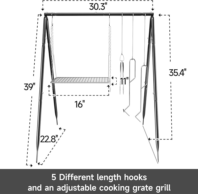 Grill Swing Campfire Cooking Stand with Stainless Steel Grill Grate for Cookware & Dutch Oven, Portable Cookware Hanging Rack, Outdoor Camping Bonfire with Adjustable Collapsible Legs with Hooks