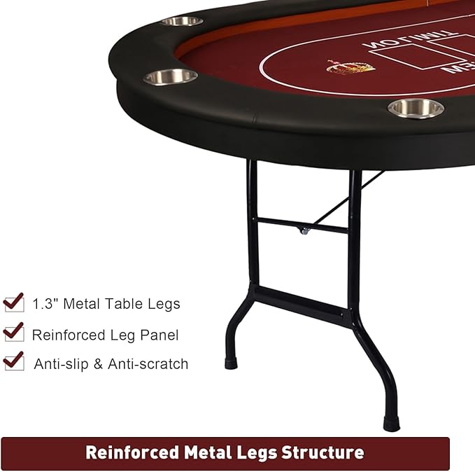 LUCKYERMORE Upgraded 10 Players Poker Table with Cup Holder, 91’’ Extra Large Folding Casino-Style Texas Game Poker Tables with Padded Rails, Red Felt Surface, Fully Assemble