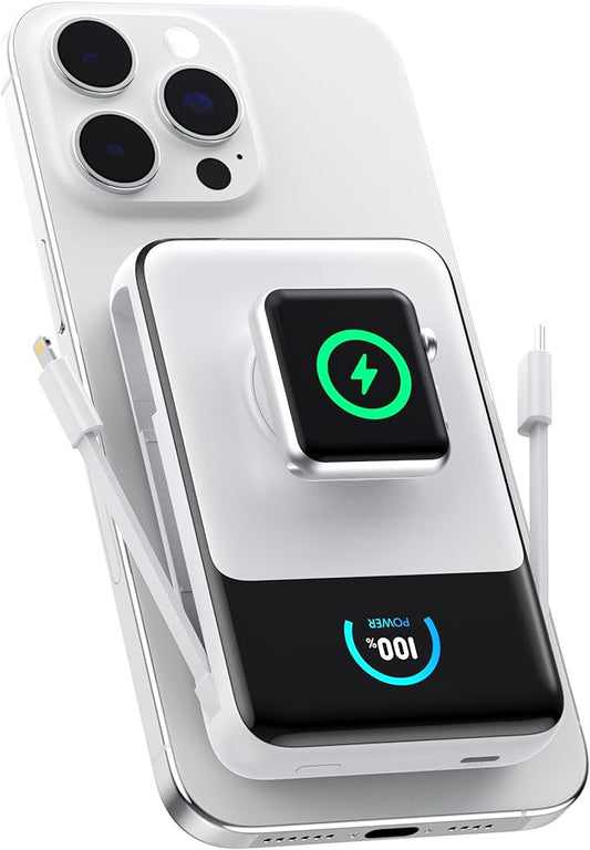 Magnetic Portable Charger 10800mAh with Built-in Cables,5-in-1 Qi2 Certified 15W Wireless Power Bank with iWatch Charger,30W PD Fast Charging USB-C Battery Pack for iPhone 17/16/15/14/13/12-White