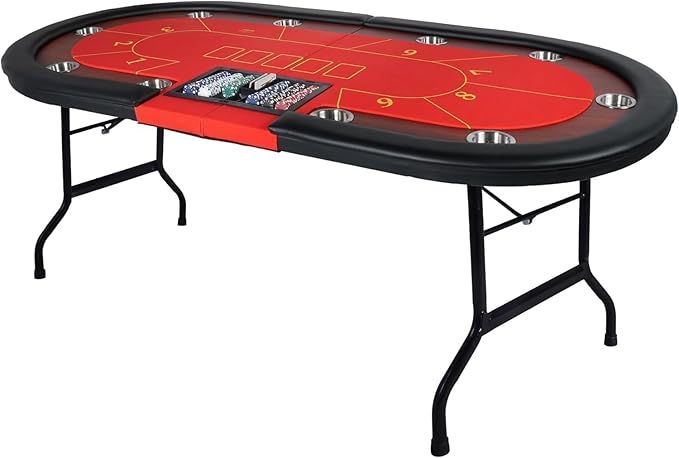 Upgrade 10 Player Poker Table, 84" Folding Oval Table with Stainless Steel Coasters & Cushion Rails, Casino Felt Top Texas Hold'em Table, Red