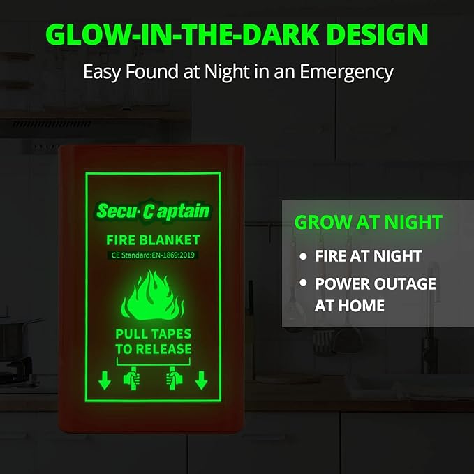 SecuCaptain Emergency Fire Blanket with Glow-in-The-Dark Case - 40"x40" Fiberglass Fire Suppression Blankets for Home Kitchen Car Office Warehouse Camping Survival Safety, 2 Pack