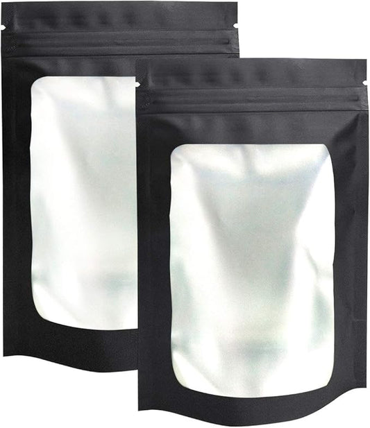 STUs 100 Pack Stand-Up Mylar Bags 3.1 x 5.1 Inch Resealable Smell Proof Bags with Clear Window Foil Pouch Bags Flat Bag Matte Black
