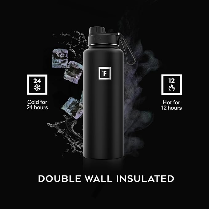 IRON °FLASK Camping & Hiking Hydration Flask with 3 Lids - Stainless Steel, Double Walled & Vacuum Insulated Water Bottle - Leak Proof & BPA Free (Midnight Black, Spout - 40 oz)