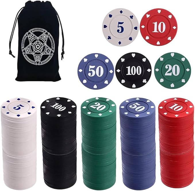 200Pcs Poker Chips, Poker Chips Set with Denominations for Card Board Game, Plastic Game Chips with Black Velvet Pouch Bag, Math Counting Chips,Game Night Party Supplies