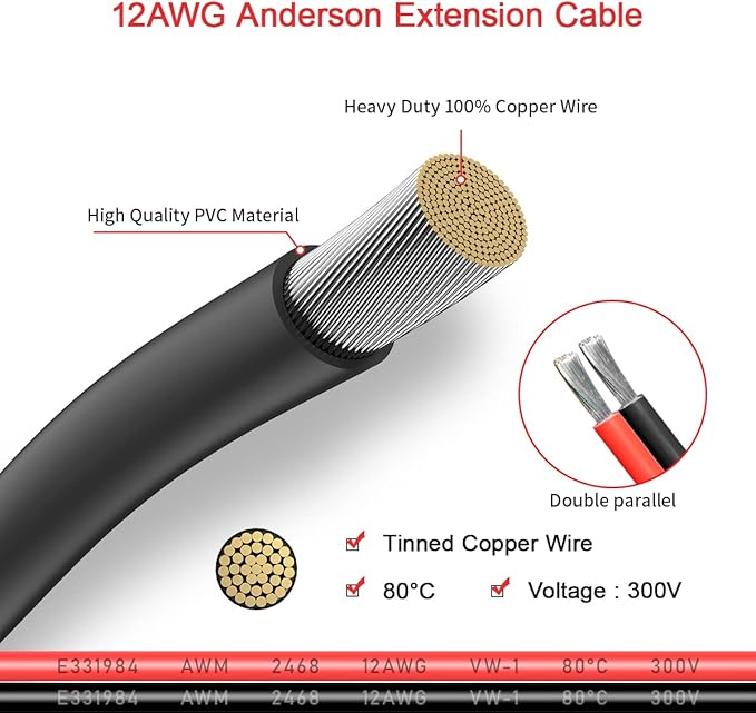 12AWG 20FT Anderson Extension Cable 2 6 10 20 35 50FT Solar Extension Cable Anderson Connector for Portable Power Station Solar Generator Solar Panel (20FT)