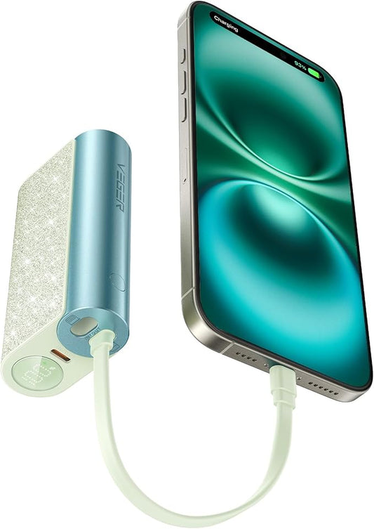 VEGER Compact Portable Charger with Built in Cable(Removable), 10000mAh Cute Power Bank 20W Fast Charging, Sparkling Battery Pack Fashion Travel Accessory Compatible with iPhone 15/14, Android-Green