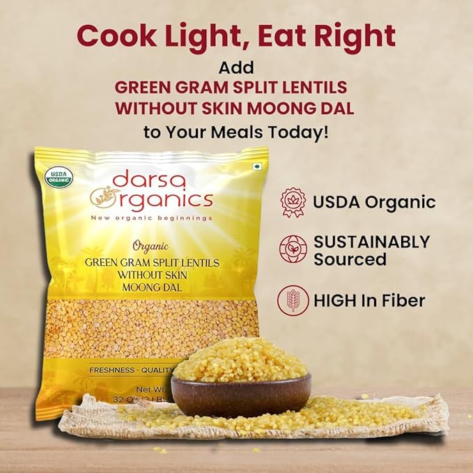 Darsa Organics Yellow Moong Dal (Split Yellow Mung Beans) 2 lb - USDA Organic, Non-GMO, Chemical-Free, Kosher - Protein-Rich Yellow Lentils for Khichdi, Soups, Salads & Stews