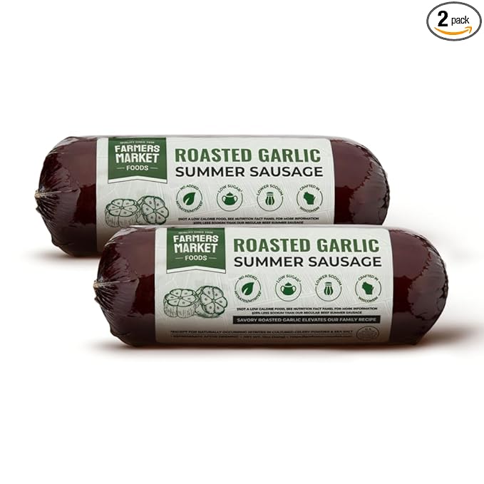 Farmers Market, Gluten Free, Keto, Paleo, Low Sodium, Zero Sugar, Summer Sausage Gift Set, 2-Pack, Roasted Garlic