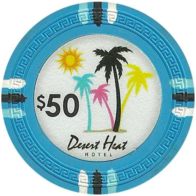 13.5-gram Desert Heat Premium Poker Chips (50-Pack) Heavy Clay Composite Set - Bulk Casino Chips with Denominations for Texas Holdem, Blackjack - Betting Game Accessories ($50 Light Blue)