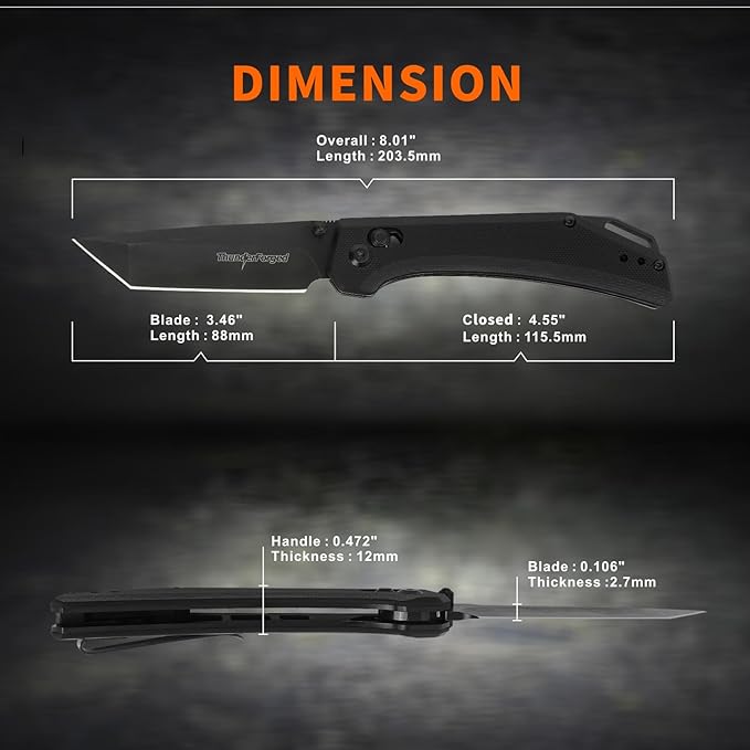 ThundeForged Camping Folding Knife - EDC Folding Knife with Crossbar Lock,14C28N Steel Blade, Black G10 Handle Lightweight Tactical Pocket Knife for Camping Outdoor Survival Hiking