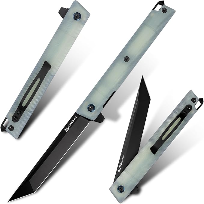 Flipper Pocket Folding Knife,DC53 Steel Blade and G10 Handle. With pocket clip and glass breaker,men's pocket knife hiking trip EDC tool Knife (Natural G10 Handle)