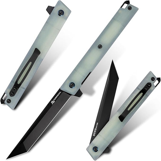 Flipper Pocket Folding Knife,DC53 Steel Blade and G10 Handle. With pocket clip and glass breaker,men's pocket knife hiking trip EDC tool Knife (Natural G10 Handle)