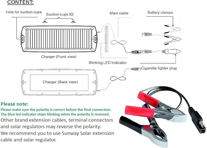 Sunway Solar Car Battery Trickle Charger & Maintainer 5W Solar Panel Power 12V Charger kit Portable