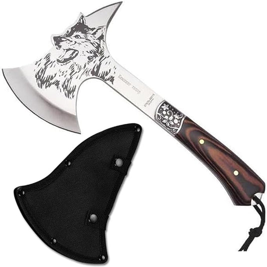 Camping Hatchet with Nylon Sheath,Tomahawk Viking Axe Etched Wolf Head Stainless Steel with Full Tang Wooden Grip,Camping Axe for Outdoor Splitting Wood,Hunting Survival,Farming Activities (Wolf Axe)