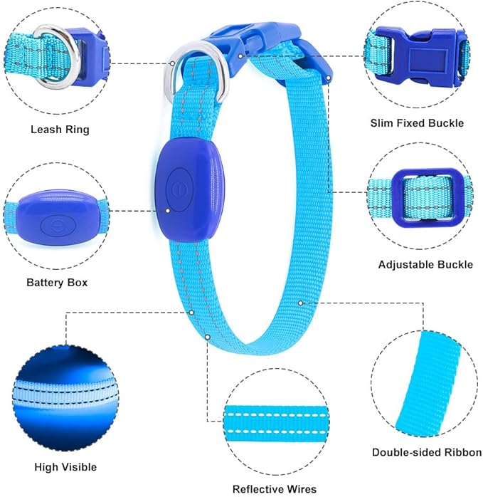 Light Up Dog Collar - Rechargeable Puppy Collar Glow in The Dark LED Dog Collar Lights for Small Dogs & Cats (X-Small, Blue)