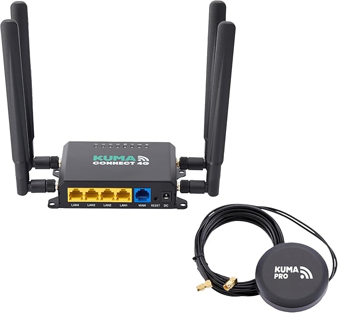 KUMA Connect PRO 4G LTE - RV WiFi Kit for Stable RV Internet - Sim Card Modem & WiFi Router for 32 Devices, Portable WiFi Hotspot with Outdoor Antenna for Car, Boat, Campers, Motorhomes - 12v Powered