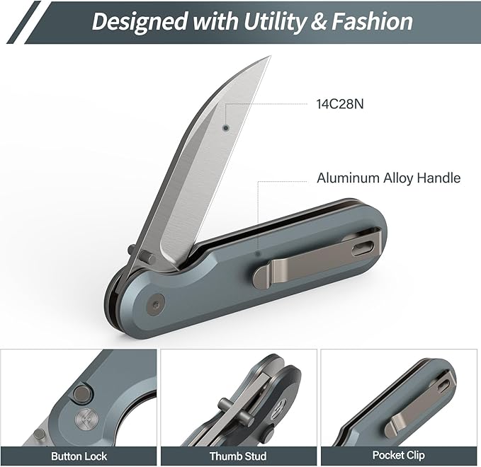 FINTISO Pocket Knife, 3" 14C28N Blade EDC Knife with Aluminum Alloy Handle, Folding Knife with Pocket Clip for Outdoor Camping, Hunting, Hiking, Survival, Parrot Series