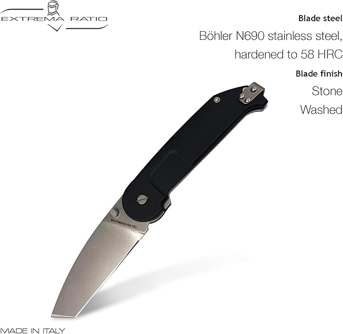 Extrema Ratio - BF2 CT (STONE WASHED), Folding Knife, Böhler N690 stainless steel blade hardened to 58 HRC, stone-washed finish, smooth anticorodal aluminum handle, dual guards, reversible clip