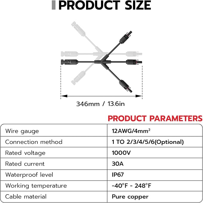 Solar Connectors Y Branch 1 to 3,30A 1000V Solar Parallel Connector for Solar Panels,IP67 Waterproof Solar Panel Connectors for Solar Cable
