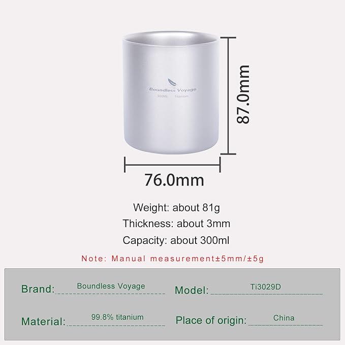 Boundless Voyage 3 in 1 Double Walled Titanium Cup Heat Resistant Mini Tea Drink Cup Outdoor Camping Mug Coffee Cups Camping Accessories Ti15154B
